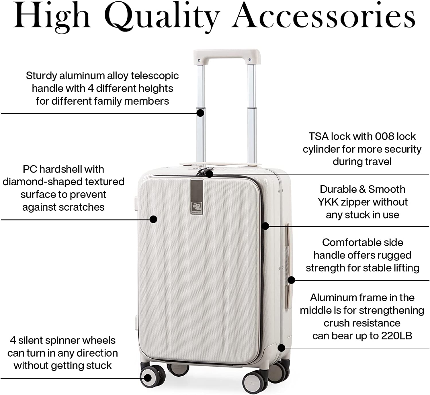 Hanke Carry On Luggage, Suitcase with Wheels & Front Opening, 20in Spinner Luggage Built in TSA Aluminum Frame PC Hardside Rolling Suitcases Travel Bag - Ivory white - Image 7